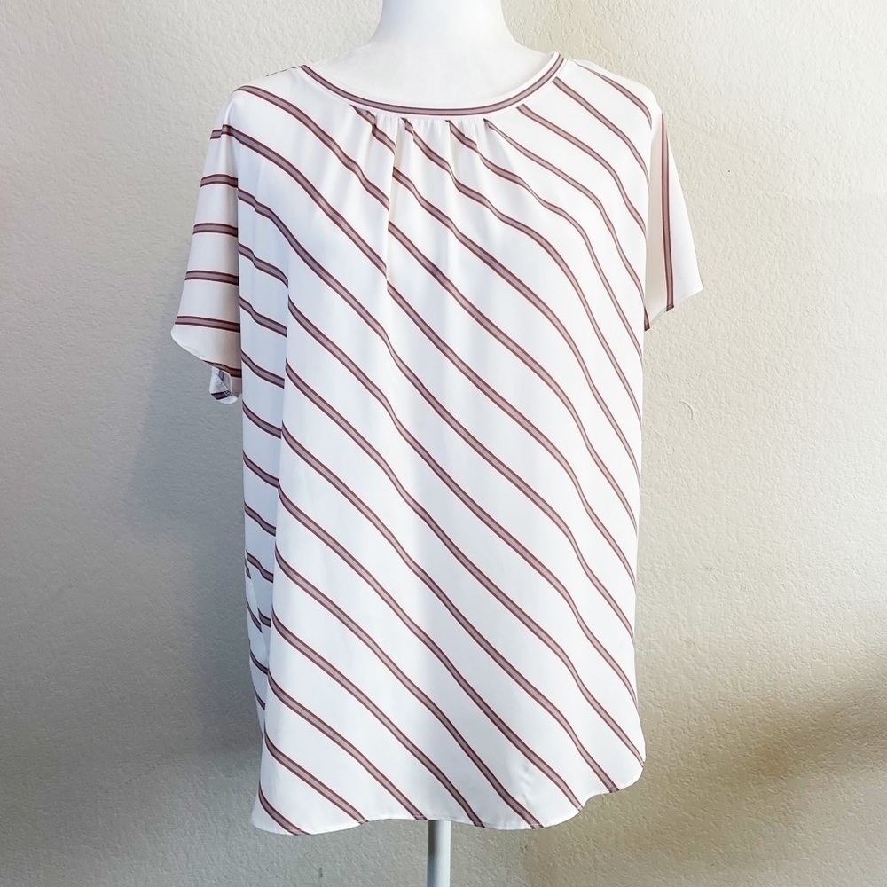 Loft Mixed Media Short Sleeve Red White Stripes Asymmetrical Shirt Size Large
